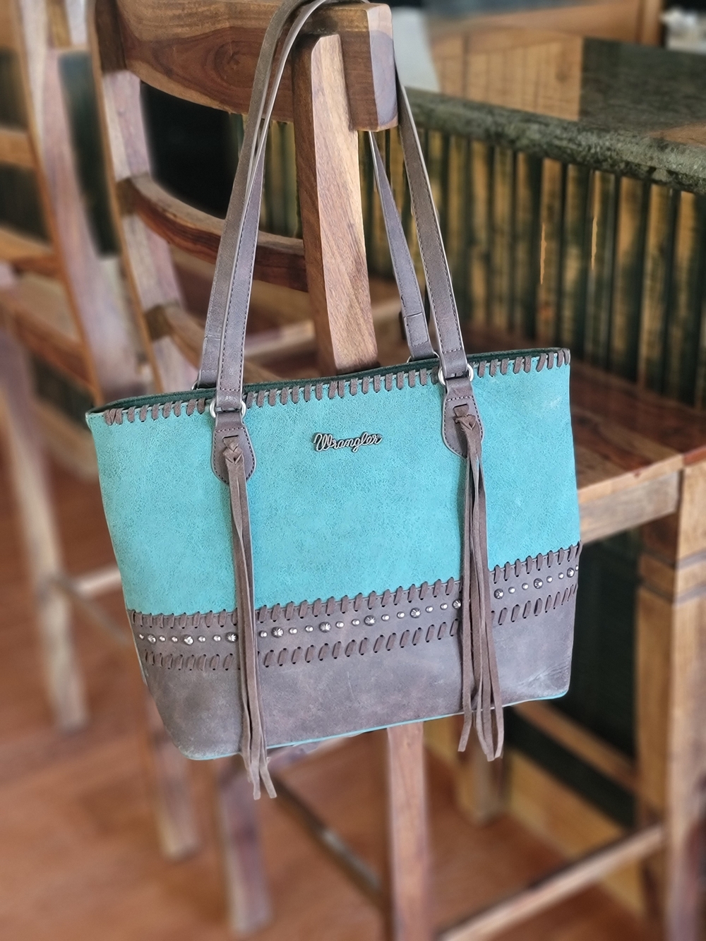 Wrangler Turquoise and Brown Suede Tote with Studded Trim